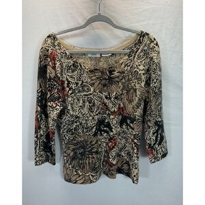 Neiman Marcus Cashmere Collection Floral Print 3/4 Sleeve Sweater Top XL